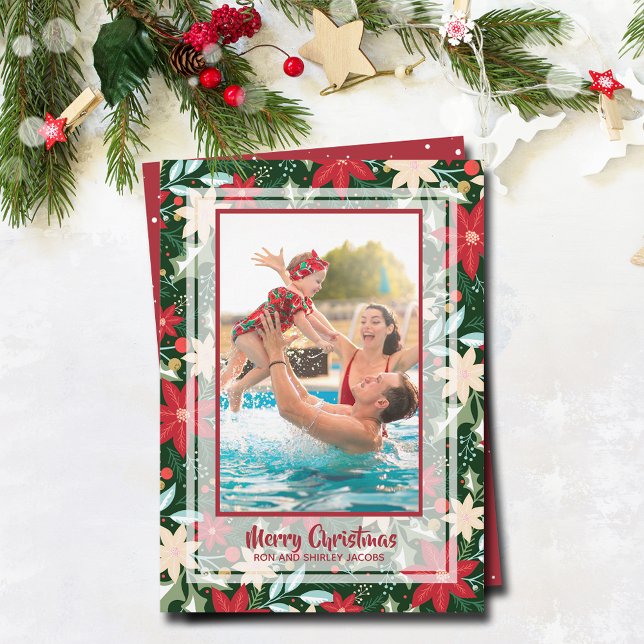 Poinsettia Blommigt jul Photo Julkort (Poinsettia floral Christmas  holiday photo cards)