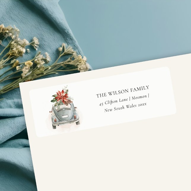 Poinsettia Blommigt Julbil New House Adress Returadress Etikett (Skapare uppladdad)