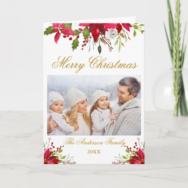 Poinsettia Blommigt Photo jul Guld Fold Helgkort (Framsida)