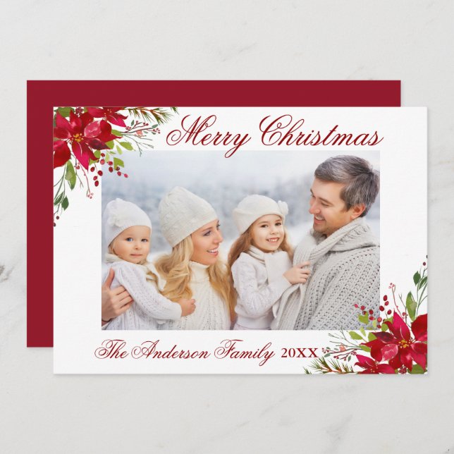 Poinsettia Blommigt Photo Red-julkort Inbjudningar (Fram/baksida)