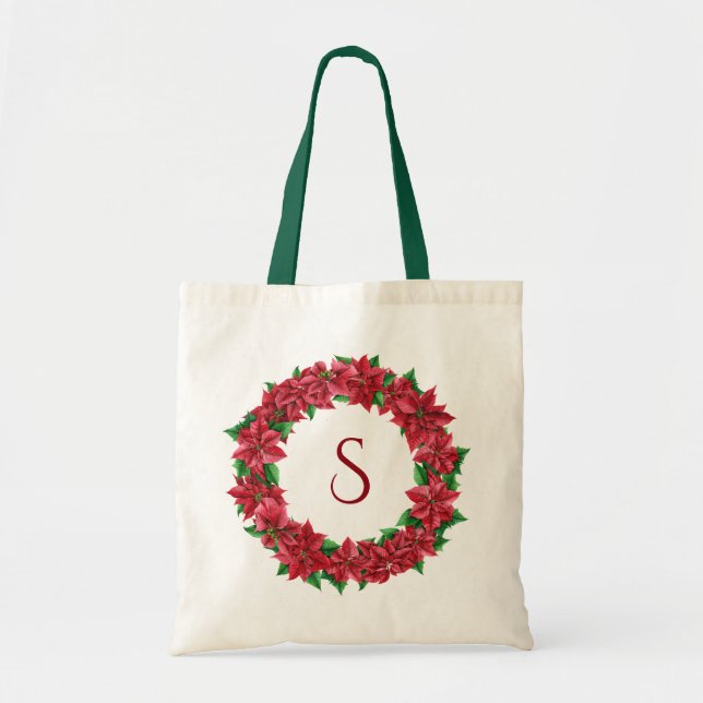 Poinsettia Blommigt Utandning Monogram Tygkasse (Framsidan)