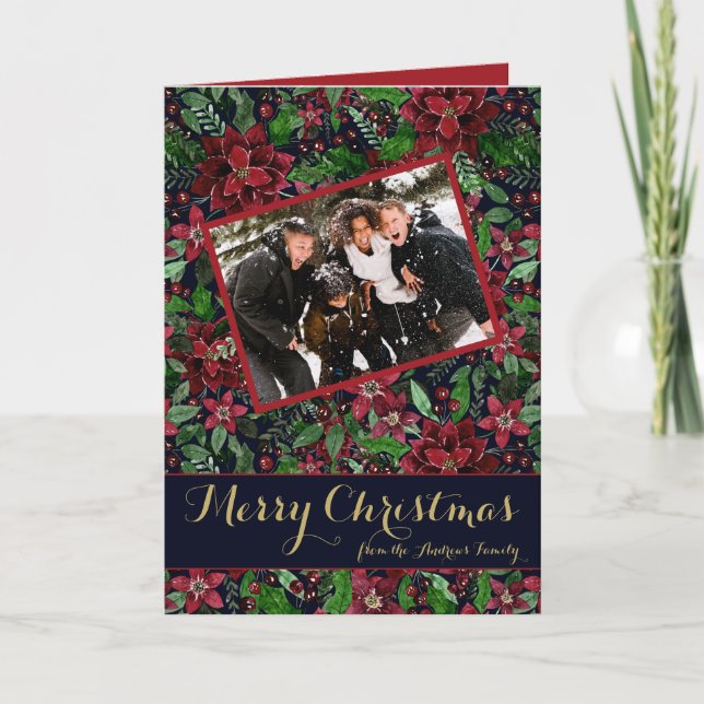 Poinsettia-Blommigten Vattenfärg Fotojul Helgkort (Framsida)