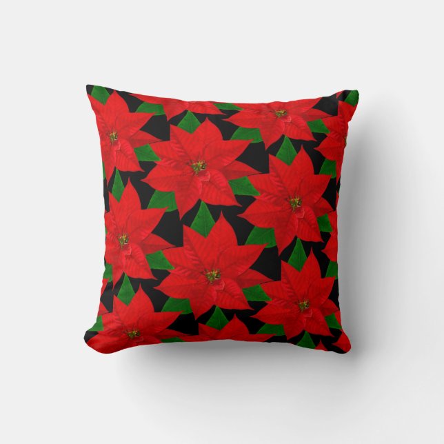 Poinsettia Blommor på Svart Kudde (Framsida)