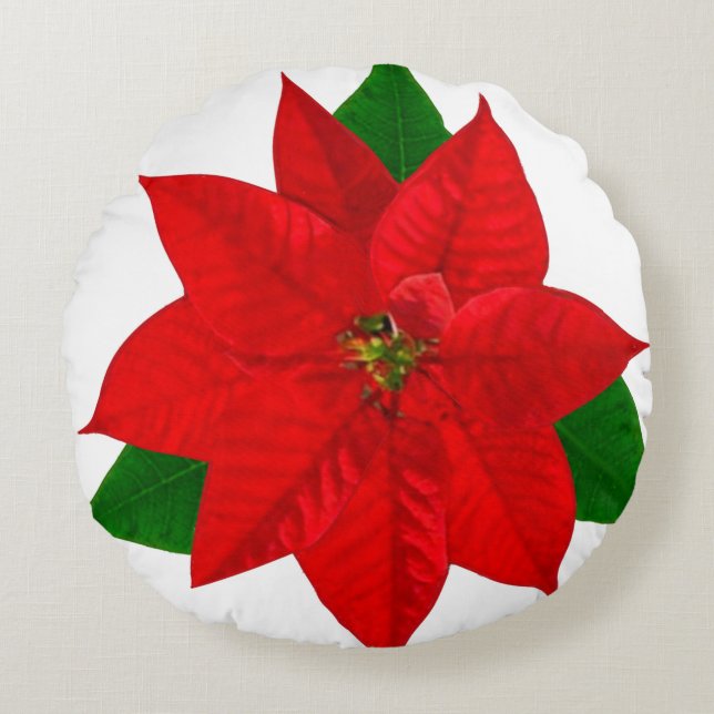Poinsettia blommor på vit rund kudde (Framsidan)