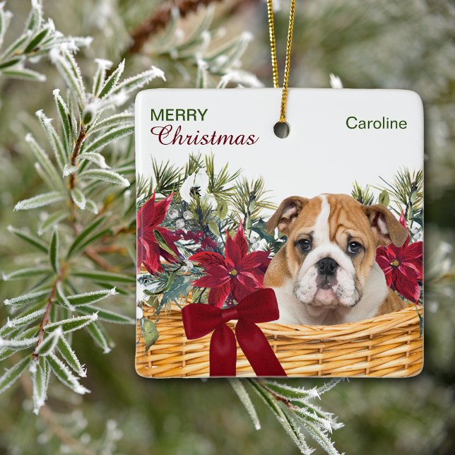 Poinsettia Bulldog Puppy jul Basket Julgransprydnad Keramik (Skapare uppladdad)