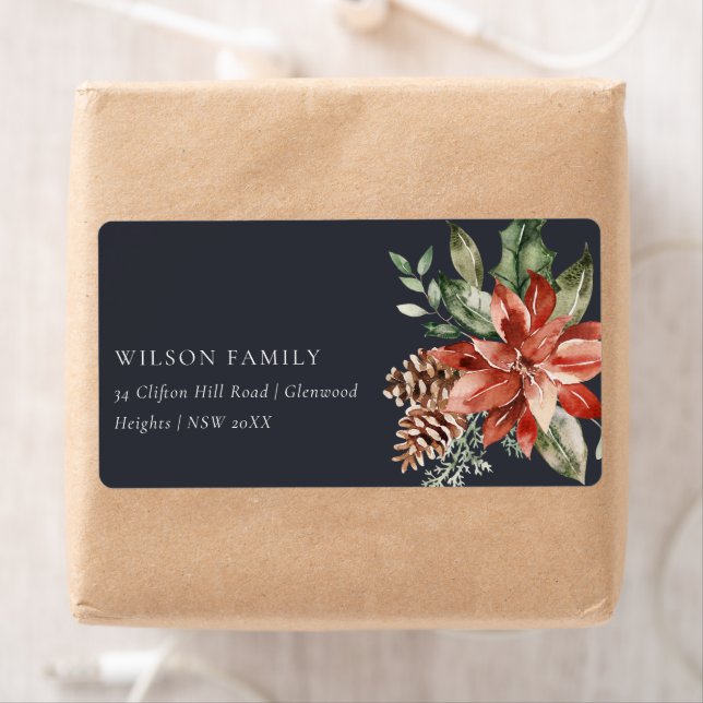 Poinsettia Bunch Navy Black jul Gräs Adress Fraktsedel (Insitu)