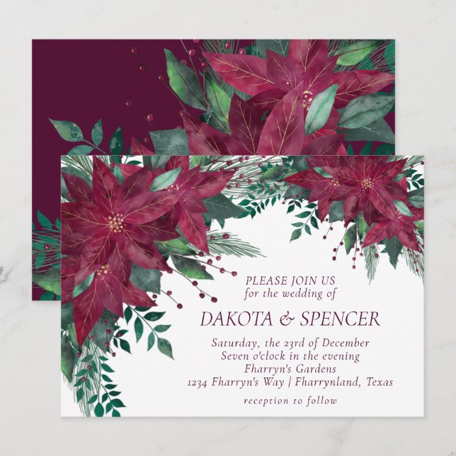 Poinsettia Burgundy och Teal Helgdag Bröllop Inbjudningar (Fram/baksida)