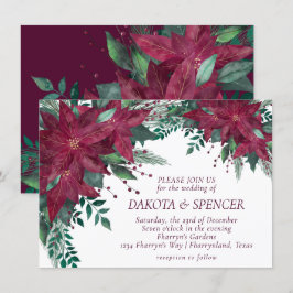 Poinsettia Burgundy och Teal Helgdag Bröllop Inbjudningar