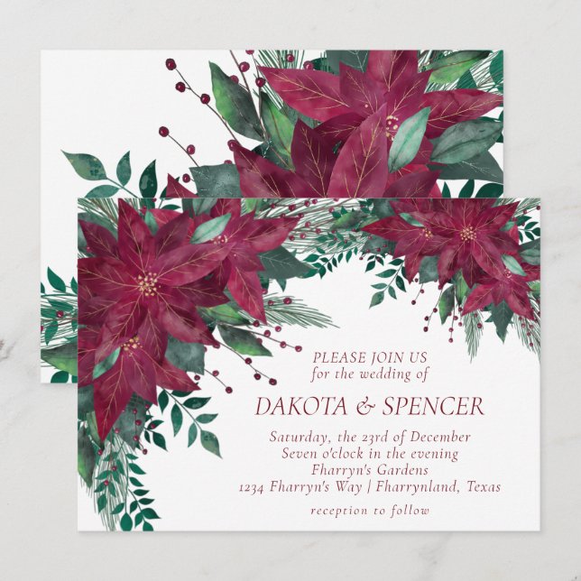 Poinsettia Burgundy och Teal Helgdag Bröllop Inbjudningar (Fram/baksida)