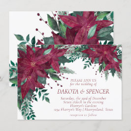 Poinsettia Burgundy och Teal Helgdag Bröllop Inbjudningar