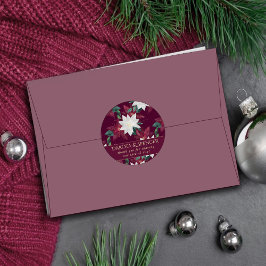 Poinsettia Burgundy och Teal Helgdag Bröllop Runt Klistermärke