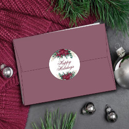 Poinsettia Burgundy och Teal Helgdag Kuvert Seal Runt Klistermärke