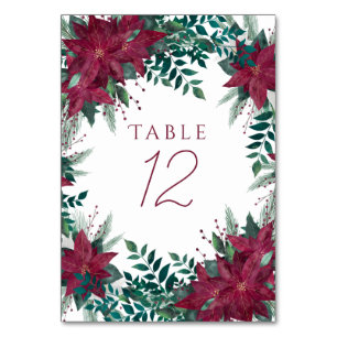 Poinsettia Burgundy och Teal Winter Blommigt Ram Bordsnummer