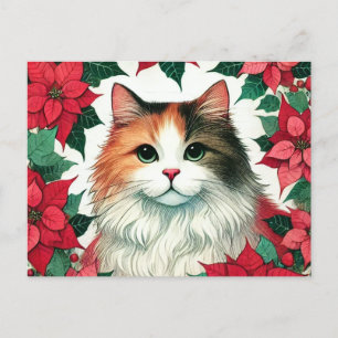 Poinsettia Calico Cat jul Vykort
