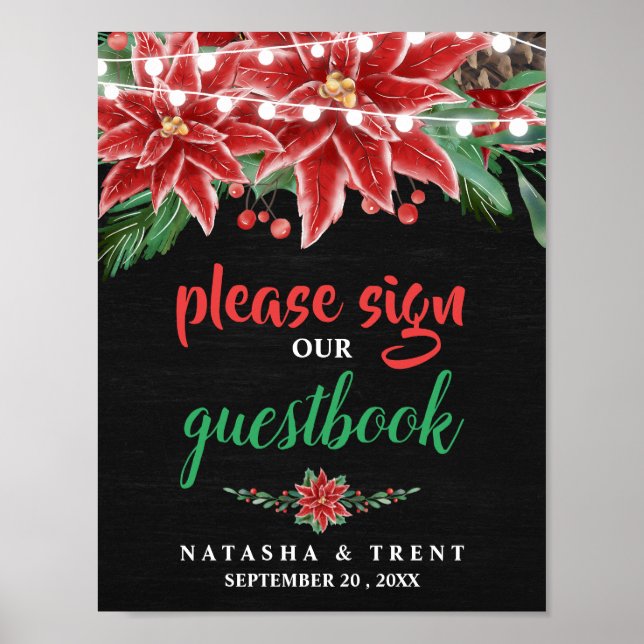 Poinsettia Chalkboard jul Guestbook Bröllop Poster (Framsidan)