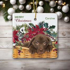 Poinsettia Chocolate Labrador jul Basket Julgransprydnad Keramik