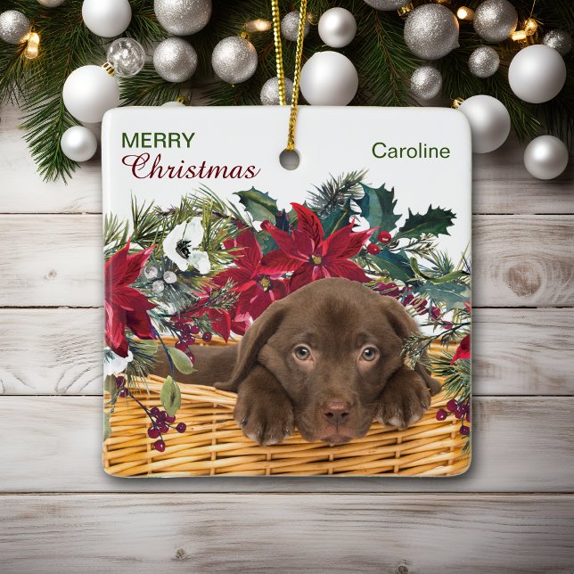 Poinsettia Chocolate Labrador jul Basket Julgransprydnad Keramik (Skapare uppladdad)