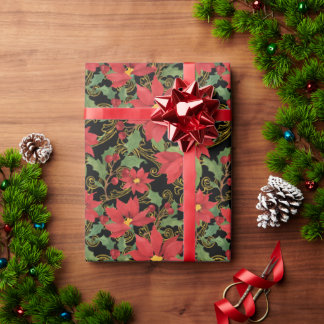 Poinsettia elegance on black wrapping paper presentpapper