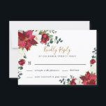 Poinsettia Elegant Red Guld White Blommigt Bröllop OSA Kort<br><div class="desc">Utformningen har peonier,  magnolia,  hydrangea,  ro,  skotsk tistel och mer i burgundskärmar,  olika typer av rött,   rosa,  vitt och marint blått. Utformningen har också löv som skrivs ut i guld och många typer av grönt grönt,  inklusive löv av eukalyptus eller grenar.</div>