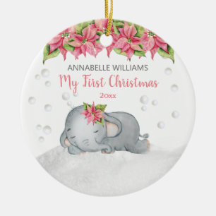 Poinsettia Elephant Baby 1st Första jul Julgransprydnad Keramik