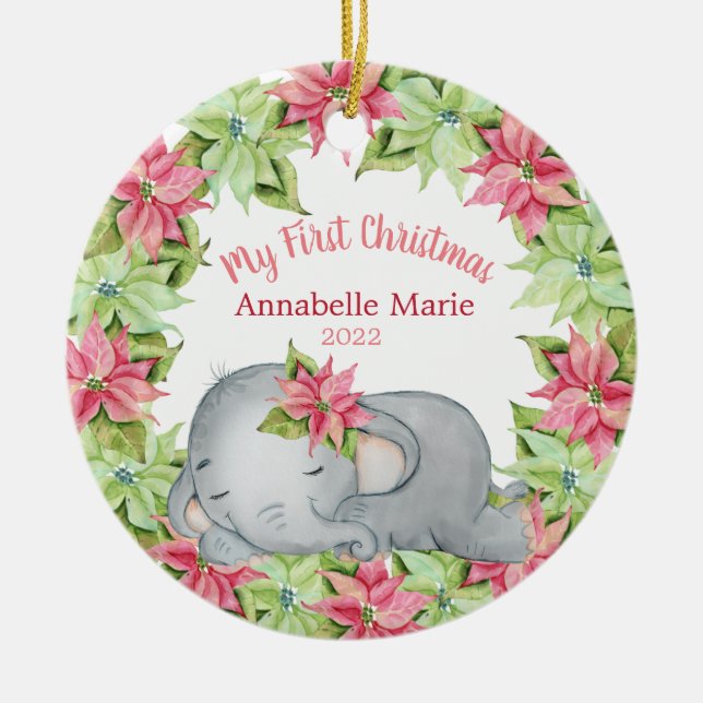 Poinsettia Elephant Baby 1st Första jul Julgransprydnad Keramik (Framsidan)