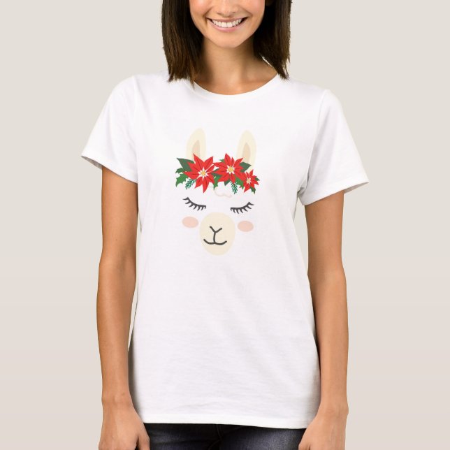 Poinsettia Festive jul Llama | HELGDAGAR T Shirt (Framsida)