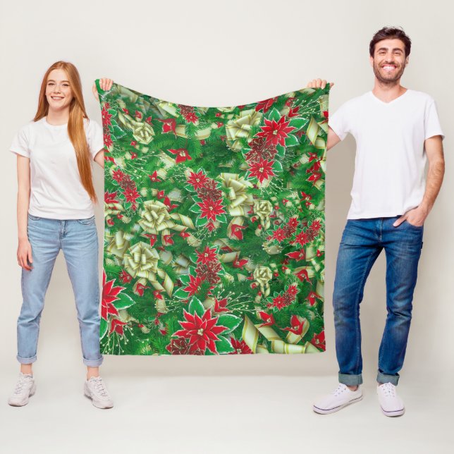 Poinsettia Fir Lövs Rosett band Blommigt jul | Fleecefilt (På plats)