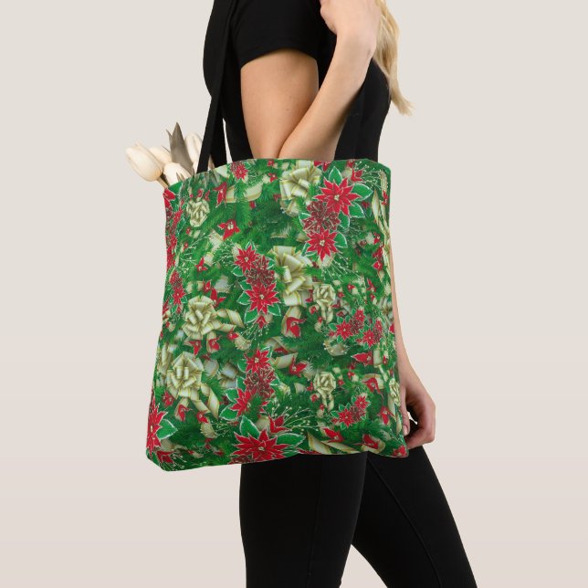 Poinsettia Fir Lövs Rosett band Blommigt jul | Tygkasse (Närbild)