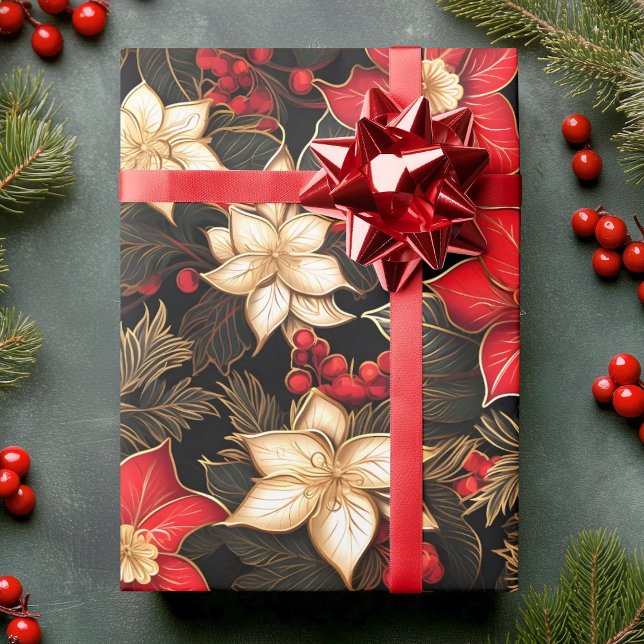 Poinsettia Flower i Black Red Guld | Jul Presentpapper (Poinsettia Flower in Black Red Gold | Christmas Wrapping Paper)