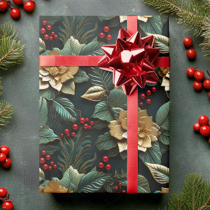 Poinsettia Flower i Guld 3D i Grönt Jul Presentpapper