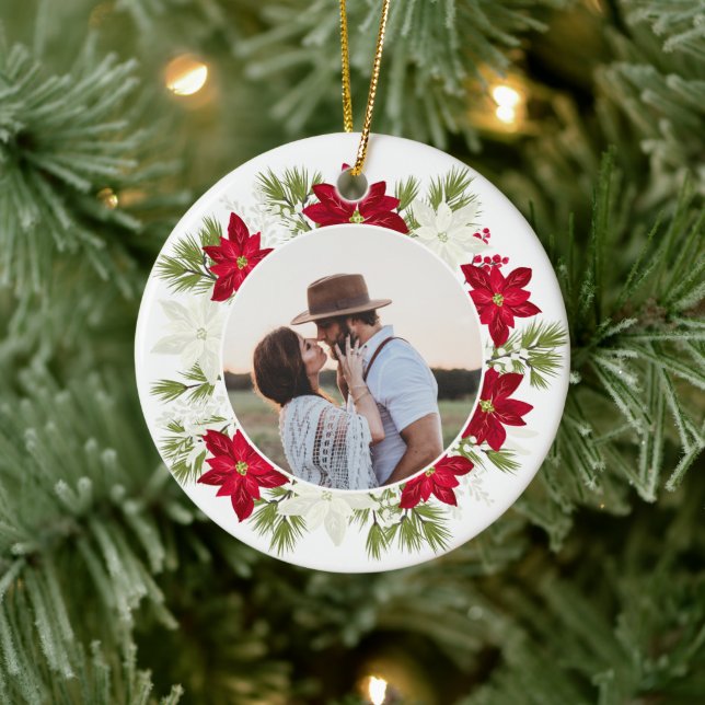 Poinsettia Flower och Gräs Round God jul Julgransprydnad Keramik (Träd)