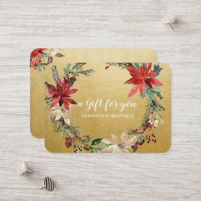 Poinsettia Flowers Faux Gold Foil Gift Certificate Rabattkort (Fram/Back In Situ)