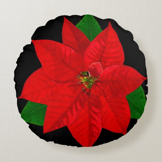 Poinsettia Flowers på Black Rund Kudde (Framsidan)