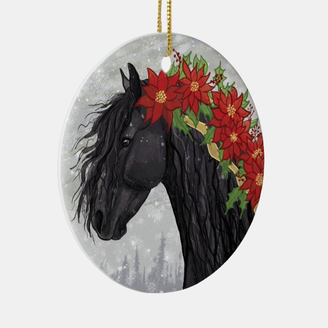 Poinsettia Friesian Horse Julgransprydnad Keramik (Höger)