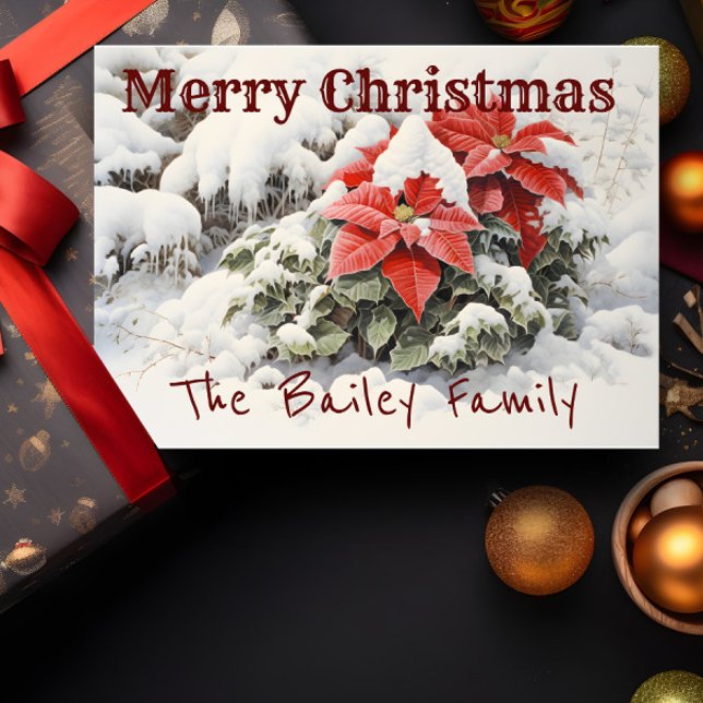 Poinsettia God jul Kort (A Christmas card depicting red poinsettias in the snow is shown with a present and decorations.)