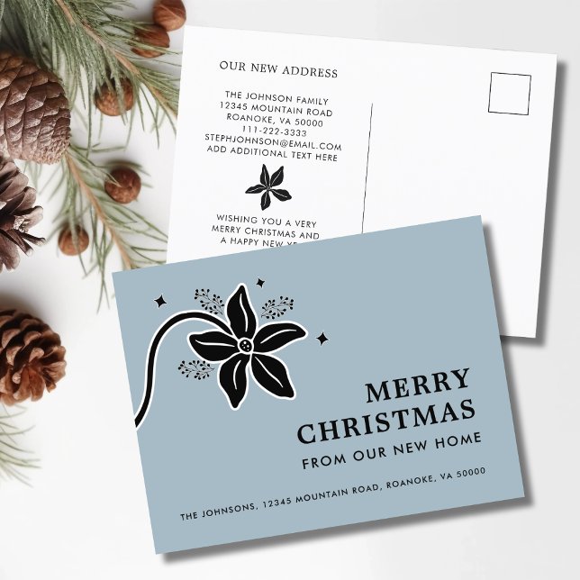 Poinsettia God jul New Home Meddelande Vykort (Poinsettia Merry Christmas From Our New Home Dusty Blue Moving Announcement Postcard)