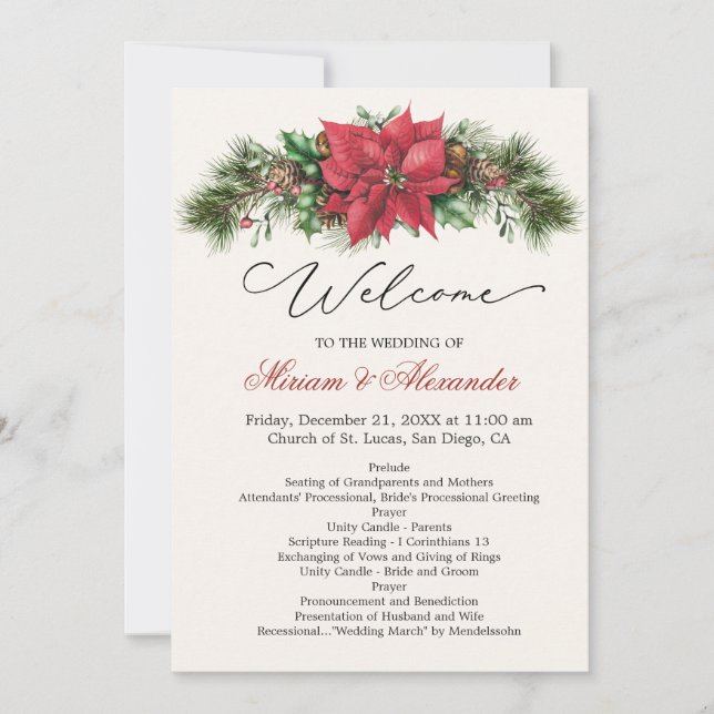 Poinsettia Gräs Cones Holly Bröllopsprogram Inbjudningar (Framsida)