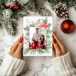 Poinsettia, Gräs & Holly, botaniska fotomul Julkort
