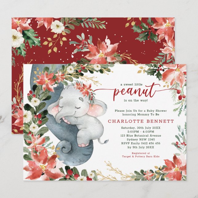 Poinsettia Greenery Elephant Helgdag Baby Shower Inbjudningar (Fram/baksida)