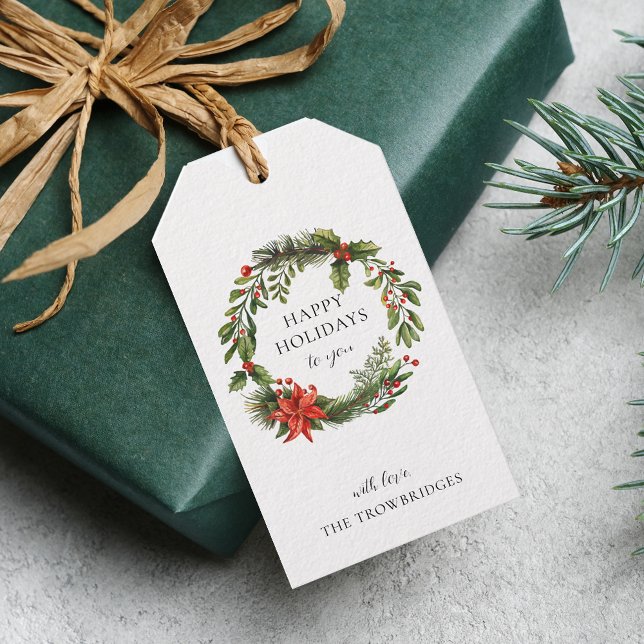 Poinsettia Greenery Jul Helgdagar Utandning Presentetikett (Christmas Holidays Red Berries Wreath Gift Tag)
