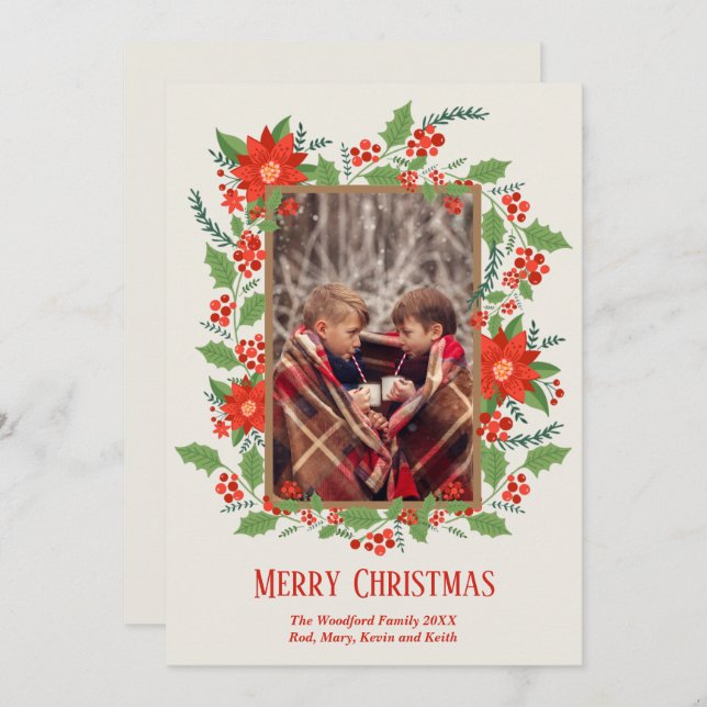 Poinsettia Greenery jul Photo Julkort (Fram/baksida)