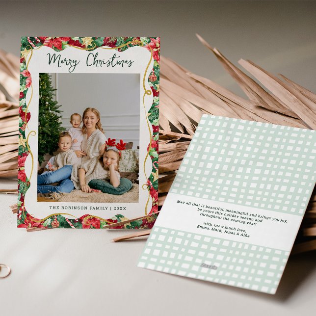 Poinsettia Greenery Mönster God jul Photo Julkort (Skapare uppladdad)