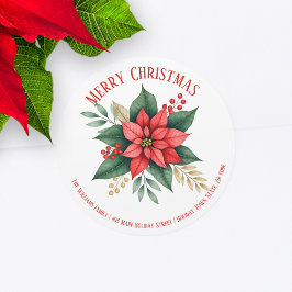 Poinsettia Greenery Red Berries jul Adress Runt Klistermärke