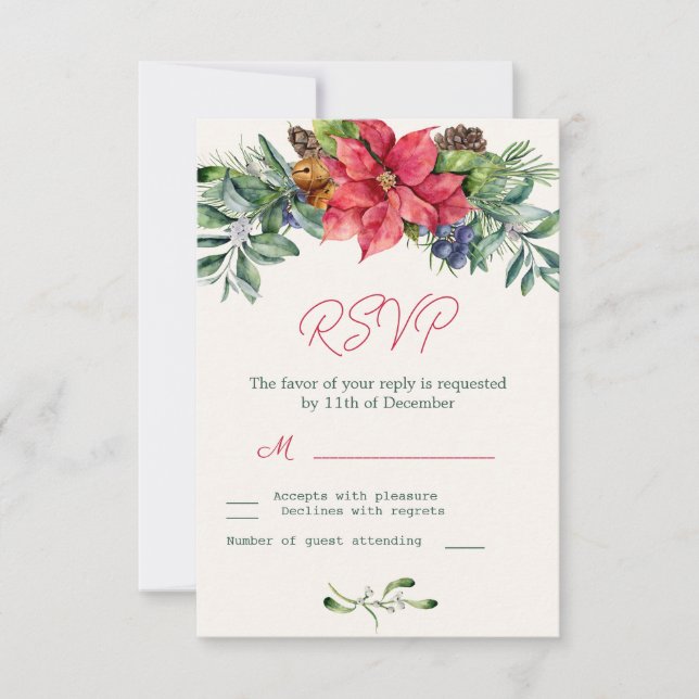 Poinsettia Grönska Lövträ RSVP OSA Kort (Framsida)