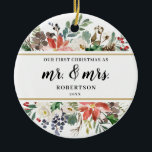 Poinsettia Gröntar Första jul som Mr. och Mrs. Julgransprydnad Keramik<br><div class="desc">Den här eleganten och anpassadet Julprydnad har ett vackert helgdag tema arrangemangt med poinsettia,  vita blommigtar och grönt,  med möjlighet att lägga till ett foto på baksidan. Om du vill göra avancerade ändringar väljer du alternativet "Klicka för att anpassa ytterligare" under Anpassa den här mallen.</div>