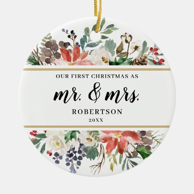 Poinsettia Gröntar Första jul som Mr. och Mrs. Julgransprydnad Keramik (Framsidan)