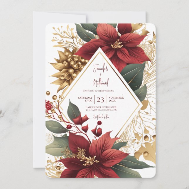 Poinsettia Guld Jul Festlig Bröllop Inbjudningar (Framsida)
