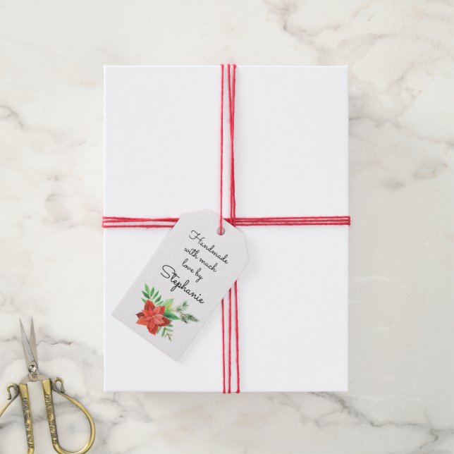 Poinsettia Handgjord med Kärlek Namn Jul Presentetikett (Med Snöre)