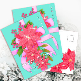 Poinsettia Happy Holiday New Year Aqua Blue Helg Vykort