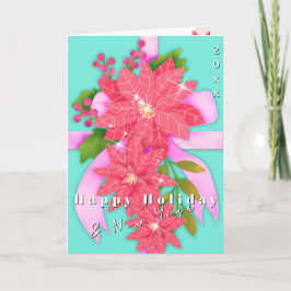 Poinsettia Happy Holiday New Year Aqua Blue Kort